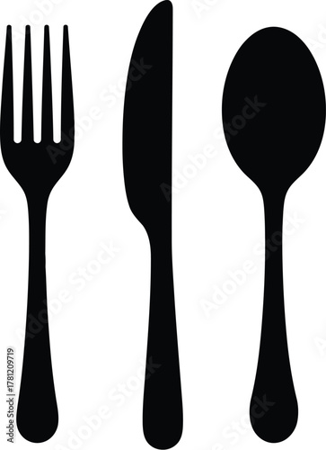 Black and White of a Fork, Knife, and Spoon Isolated