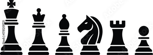 Black Chess Pieces Illustration Featuring King, Queen, Bishop, Knight, Rook, and Pawn Silhouettes