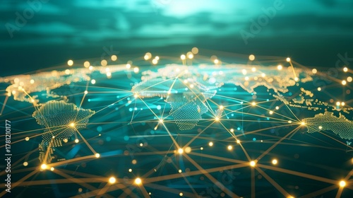 Digital world map depicting blockchain connections for global intellectual property protection