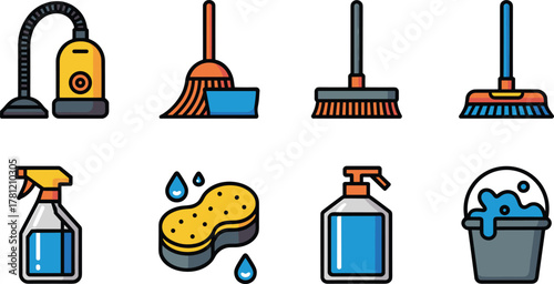 Cleaning tools icons, vacuum cleaner, mop, broom, spray bottle, sponge, soap, bucket, detergent, sanitation equipment, household cleaning supplies