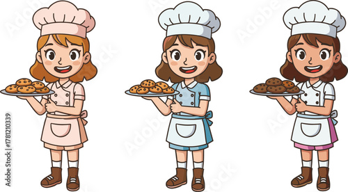 Cartoon girl bakers with cookies, vector baking illustration, chef outfit, dessert presentation, smiling characters, sweet treats, culinary scene, kitchen concept