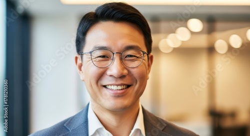 Confident Asian Businessman in Modern Office Setting Smiling Brightly