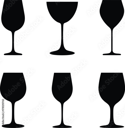 Collection of Six Black Silhouette Wine Glasses with Different Shapes on White