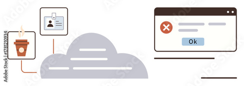 Coffee cup, user ID, and cloud icon connected to a web error interface with an Ok button. Ideal for technology, error handling, cloud computing, productivity, user identity, software troubleshooting