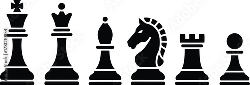 Isolated Black Chess Pieces King, Queen, Bishop, Knight, Rook, and Pawn