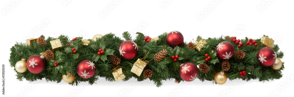 Fototapeta premium Christmas decorations with tree branches and baubles isolated on white background 