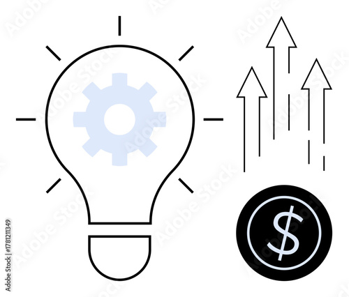 Light bulb with gear symbolizes innovation. Upward arrows represent growth, and dollar symbol depicts financial success. Ideal for creativity, business, finance, ideas, strategy, productivity simple
