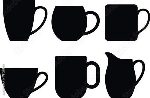 Six Black Silhouette Mugs and a Creamer on a White Seamless Backdrop