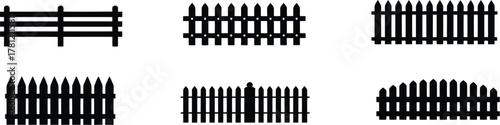 Six Different Black Fence Illustrations Depicted on a White Plain Backdrop Graphic