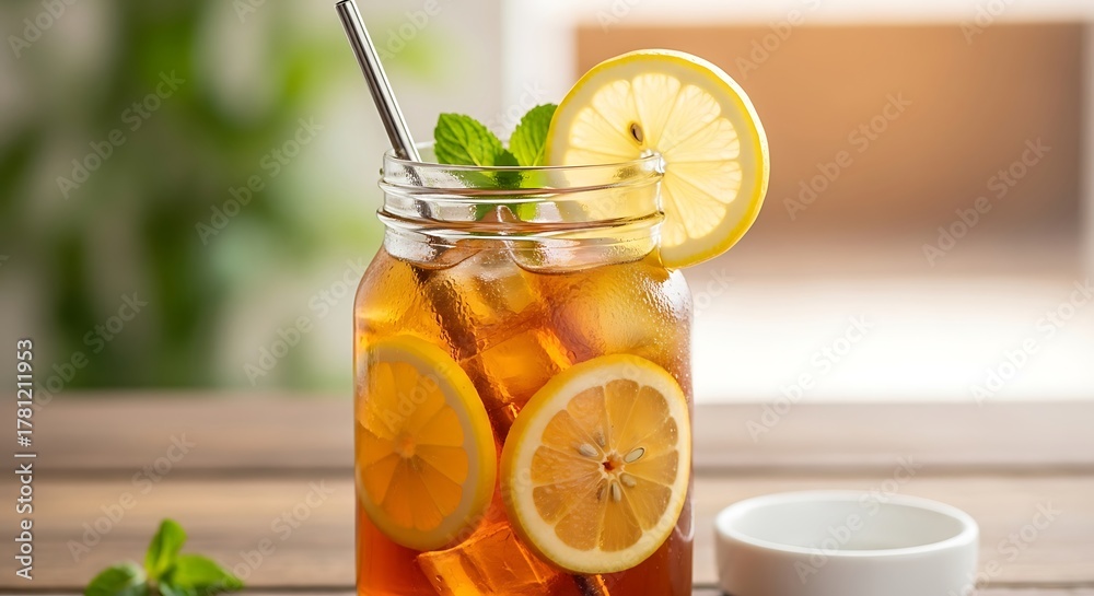 Fototapeta premium Refreshing Iced Tea with Lemon Slices and Mint in a Mason Jar.