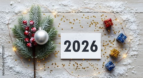 Festive flat lay with the year 2026, fir branch, bauble, gifts and snow on a light wooden background