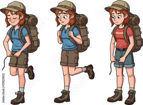 Cartoon hiker tying shoelaces, vector outdoor activity illustration, hiking gear, emotional expressions, crouching pose, travel preparation, adventure character design