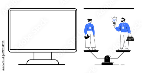 Two people on a balanced seesaw exchanging ideas near a blank monitor. Ideal for equality, teamwork, collaboration, workplace diversity, innovation, leadership, digital transformation. Simple flat