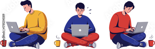 Cartoon people using laptops, emotional expressions, remote work illustration, digital lifestyle, vector technology scene, stress and focus, modern workspace art