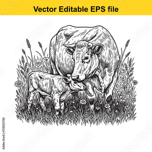 A cow with its calf in a field of grass and flowers, black and white illustration