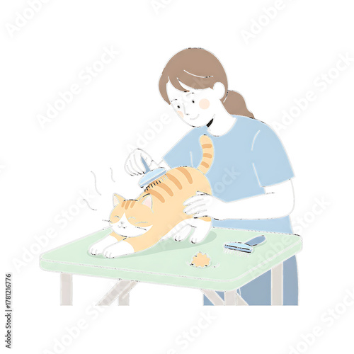 Person brushing orange cat on table orange tabby grooming