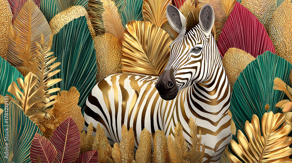 Obraz premium Golden zebra in vibrant jungle with metallic leaves for wallpaper and decorative design