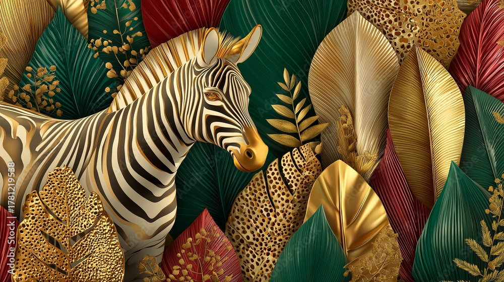 Obraz premium Golden zebra in vibrant jungle with metallic leaves for wallpaper and decorative design