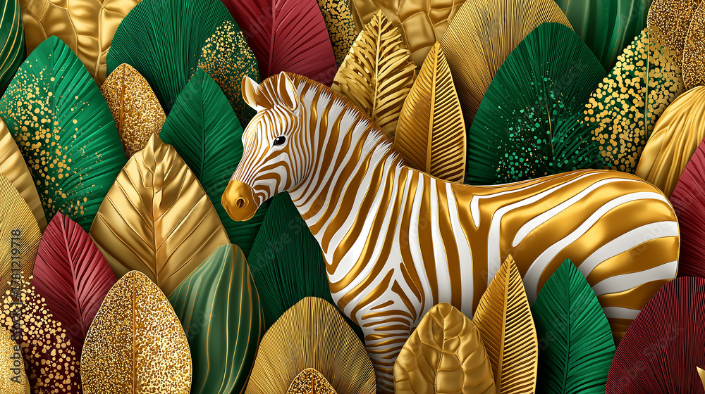 Obraz premium Golden zebra in vibrant jungle with metallic leaves for wallpaper and decorative design