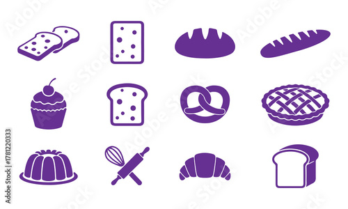 Collection of purple bakery icons on