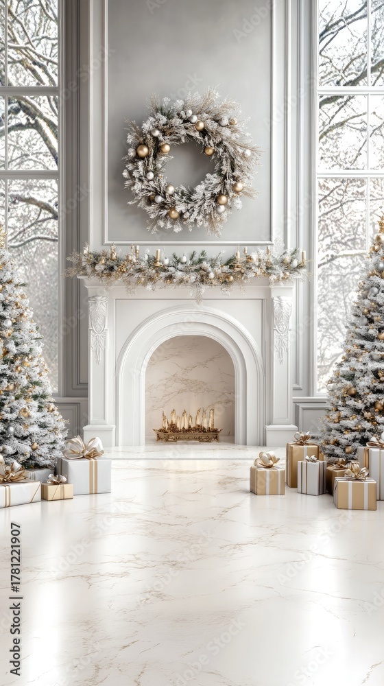 Naklejka premium Large room features three decorated Christmas trees, a cozy fireplace, and presents arranged elegantly around the festive setting
