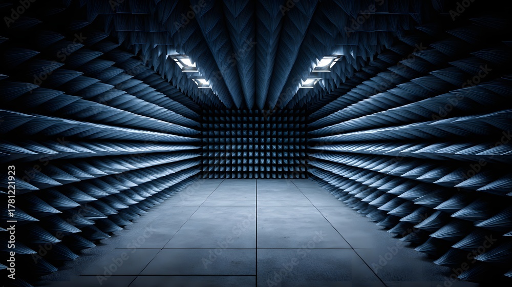 Fototapeta premium Dark, narrow corridor features textured, sound-absorbing walls leading to a square end