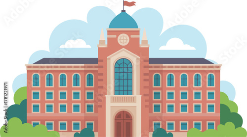 Flat Illustration of a Traditional University Building with Clouds Keywords: university, college