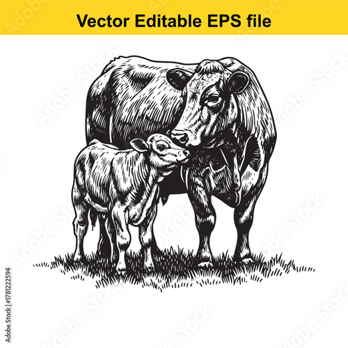 Mother cow and calf standing on grass in a detailed black and white sketch, farm animal illustration