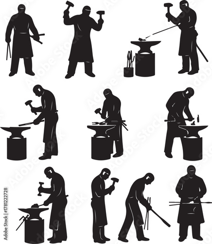 Blacksmith Silhouettes Collection Crafting Metal at Anvil with Hammer Tools