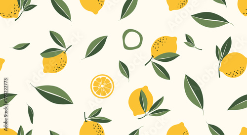 Fresh and cheerful seamless pattern with stylized lemons, citrus slices, and green leaves on a light, neutral background.