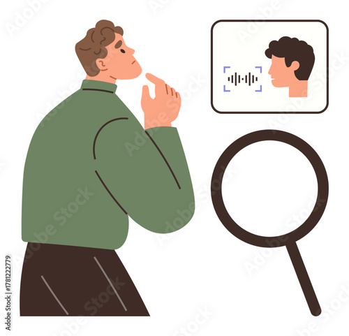 Man thinking beside magnifying glass and screen displaying face with biometric data analysis. Ideal for identity verification, information security, technology, innovation, AI, privacy, digital