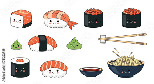Cute set of kawaii Japanese food characters, including smiling sushi, nigiri, ramen noodles, and wasabi for fun designs.