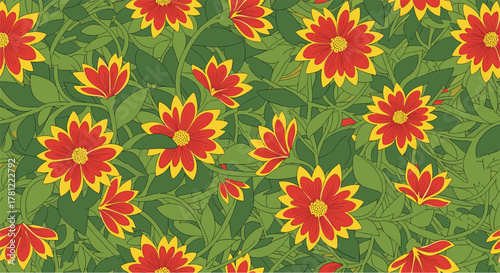 Vibrant seamless floral pattern featuring red and yellow blanket flowers, also known as gaillardia, with lush green leaves.