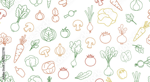 Seamless pattern with various vegetables in a colorful line art style, perfect for healthy eating and culinary backgrounds.