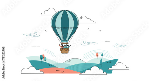 People enjoying the view from a hot air balloon as it gracefully flies over a beautiful, stylized pastoral landscape.