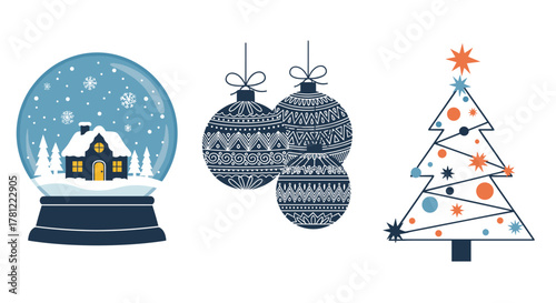 Set of three festive Christmas illustrations in a folk art style, including a snow globe, ornaments, and a decorated tree.