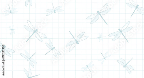 Delicate seamless pattern featuring light blue dragonflies in a scattered arrangement on a subtle white grid background.