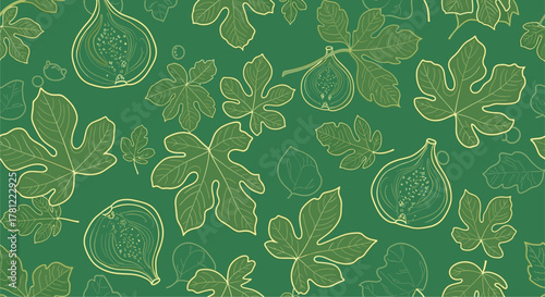 Elegant seamless pattern of hand-sketched whole and halved figs with leaves on a rich, dark green background for textiles.