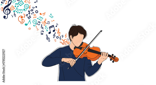 Talented young man playing the violin with passion, as a stream of colorful musical notes flows from his instrument.