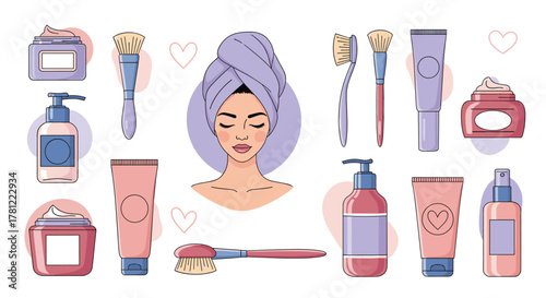 Comprehensive collection of cosmetic and skincare products for a daily beauty routine, illustrated in a modern line art style.