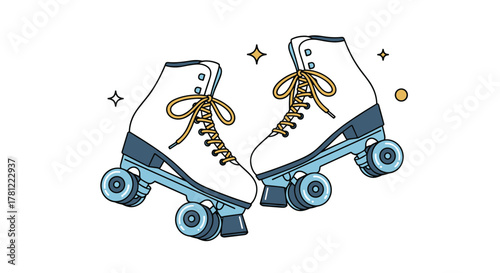 Stylish pair of retro white and blue quad roller skates with yellow laces, ready for a fun day of skating at the rink.