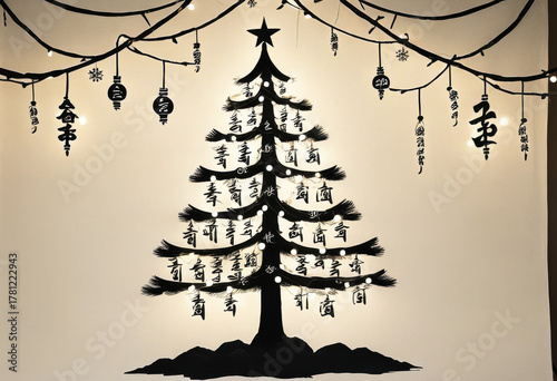 Korean calligraphy Christmas tree featuring hangul script ornaments, inked brushstroke garlands, and soft black ink-inspired lights
