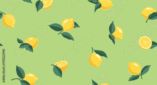 Bright and refreshing seamless pattern of juicy yellow lemons, citrus slices, and green leaves on a lime green background.