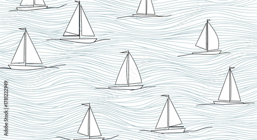 Minimalist seamless pattern featuring simple line art sailboats navigating through gentle, hand-drawn ocean waves design.