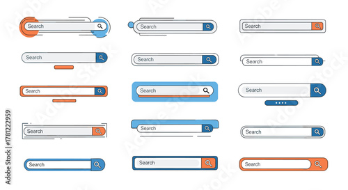 Collection of various modern search bar and search box user interface elements for website and mobile application design.