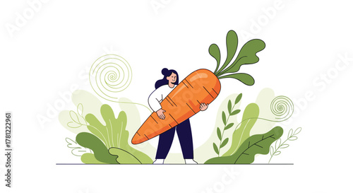 Flat design illustration of a strong woman proudly carrying a giant carrot, symbolizing healthy eating and a rich harvest.
