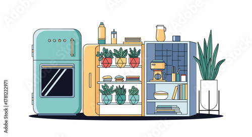 Modern kitchen interior scene with a retro refrigerator full of houseplants and organized shelving with appliances.