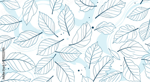 Seamless pattern with hand-drawn outline leaves falling over a white background with subtle blue abstract wave shapes.