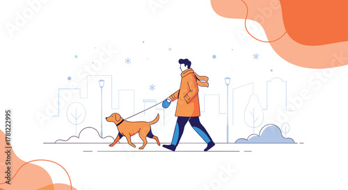 Man in a warm orange coat and scarf walking his dog on a leash through a snowy city park during the winter season.