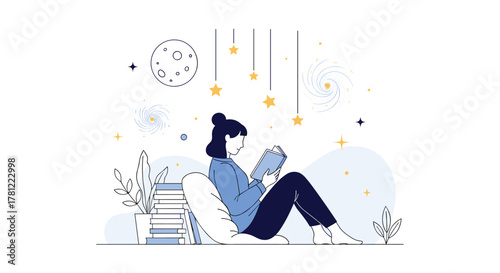 Woman sitting comfortably and reading a book, with her imagination creating a celestial scene of stars and the moon.